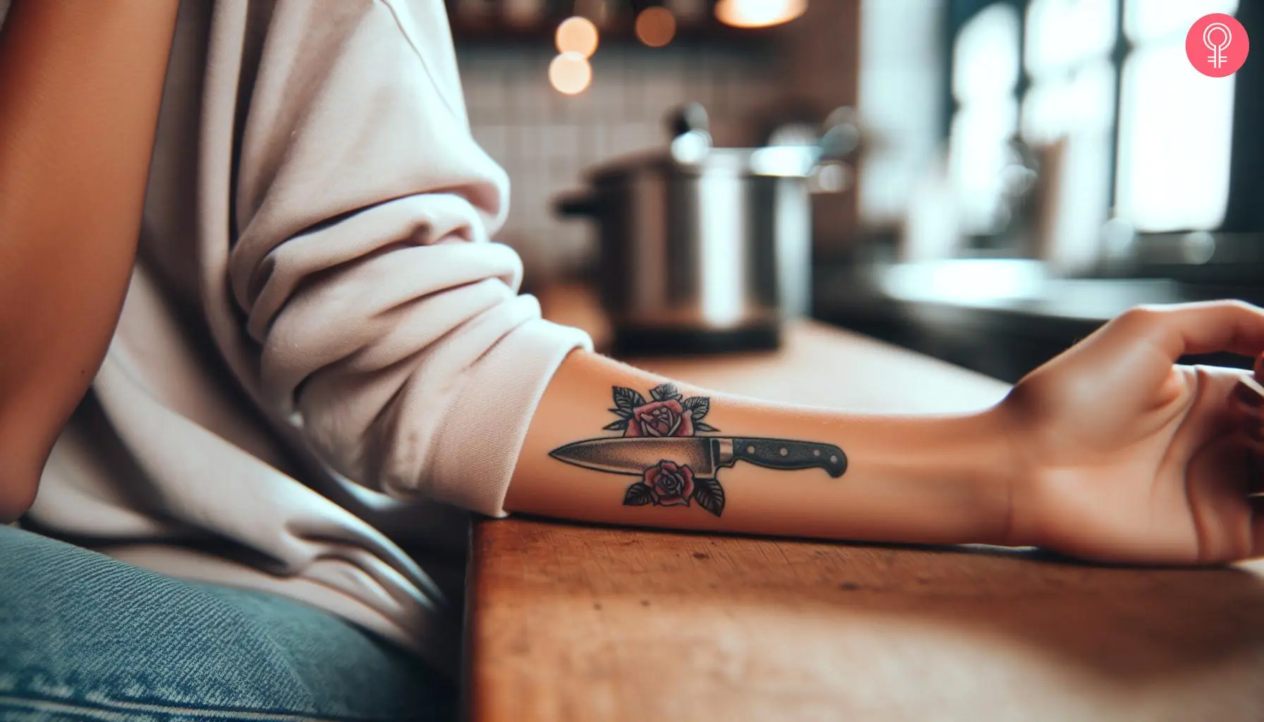 Small chef knife tattoo on the forearm of a woman