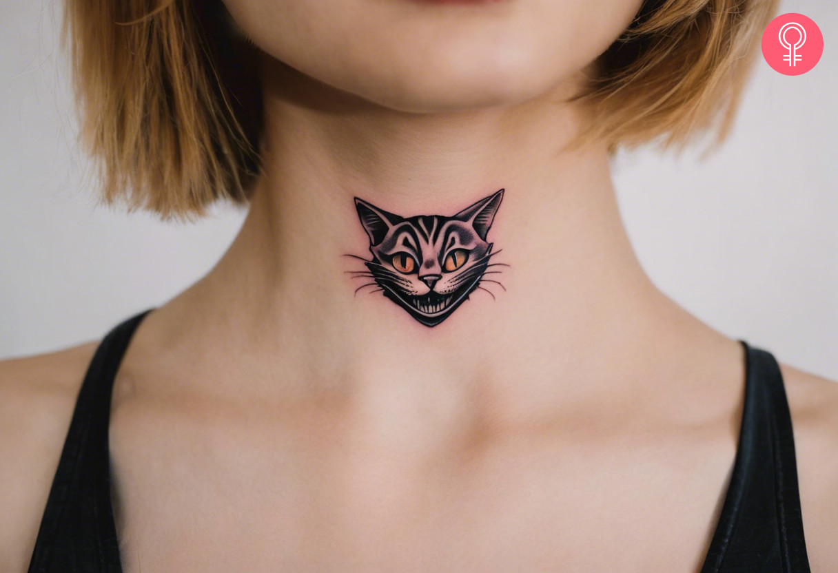 Small cheshire cat tattoo on the neck