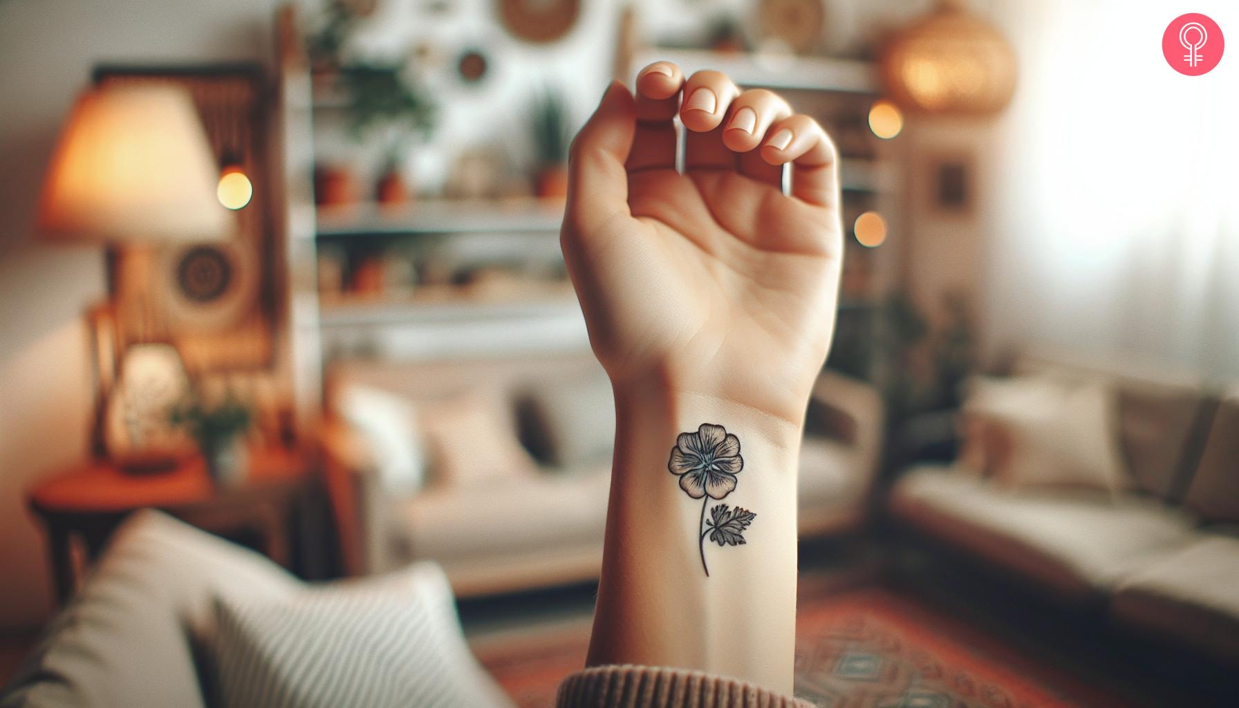 Small geranium tattoo on a woman's wrist