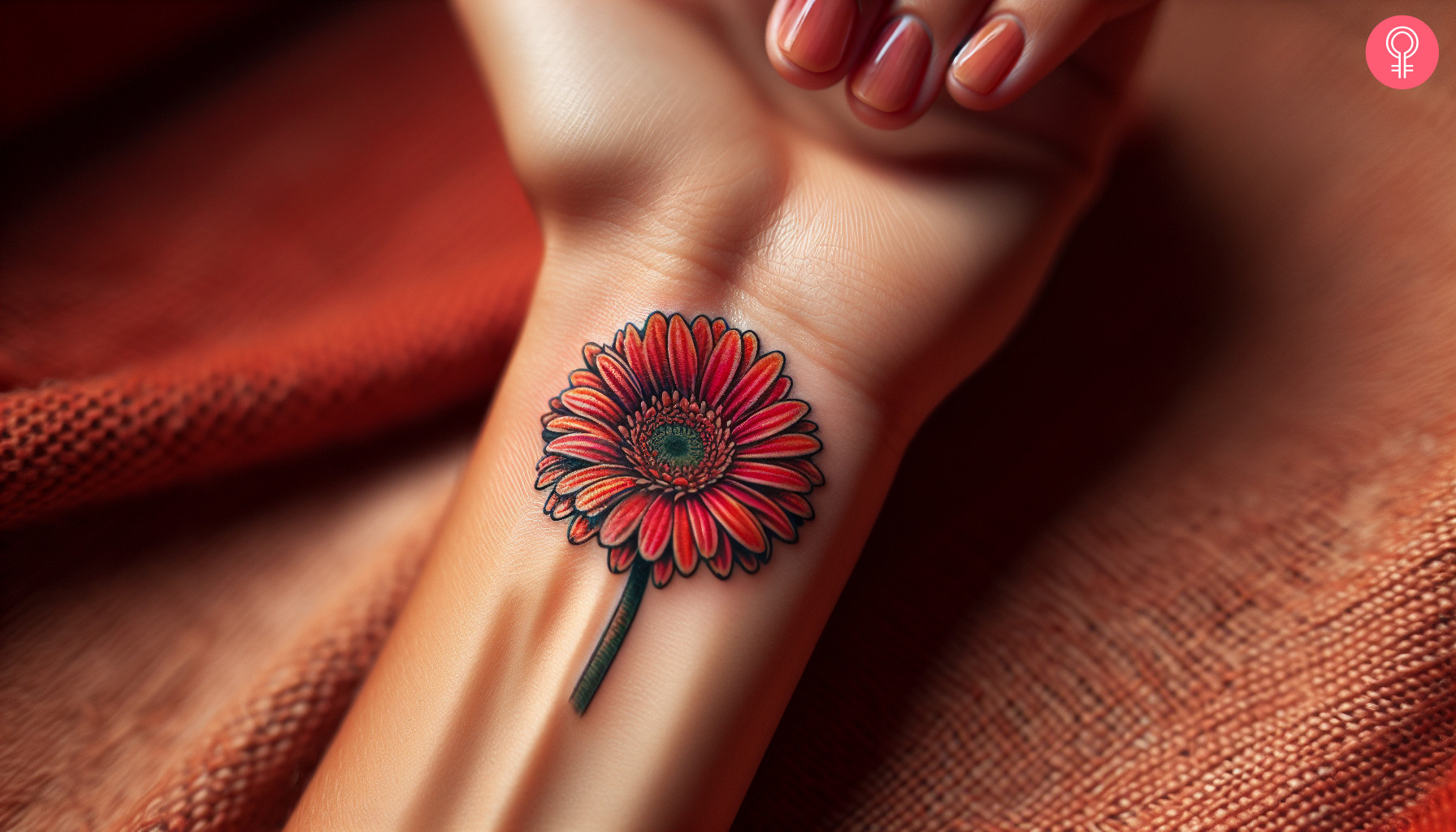 Small gerbera daisy tattoo on the wrist of a woman