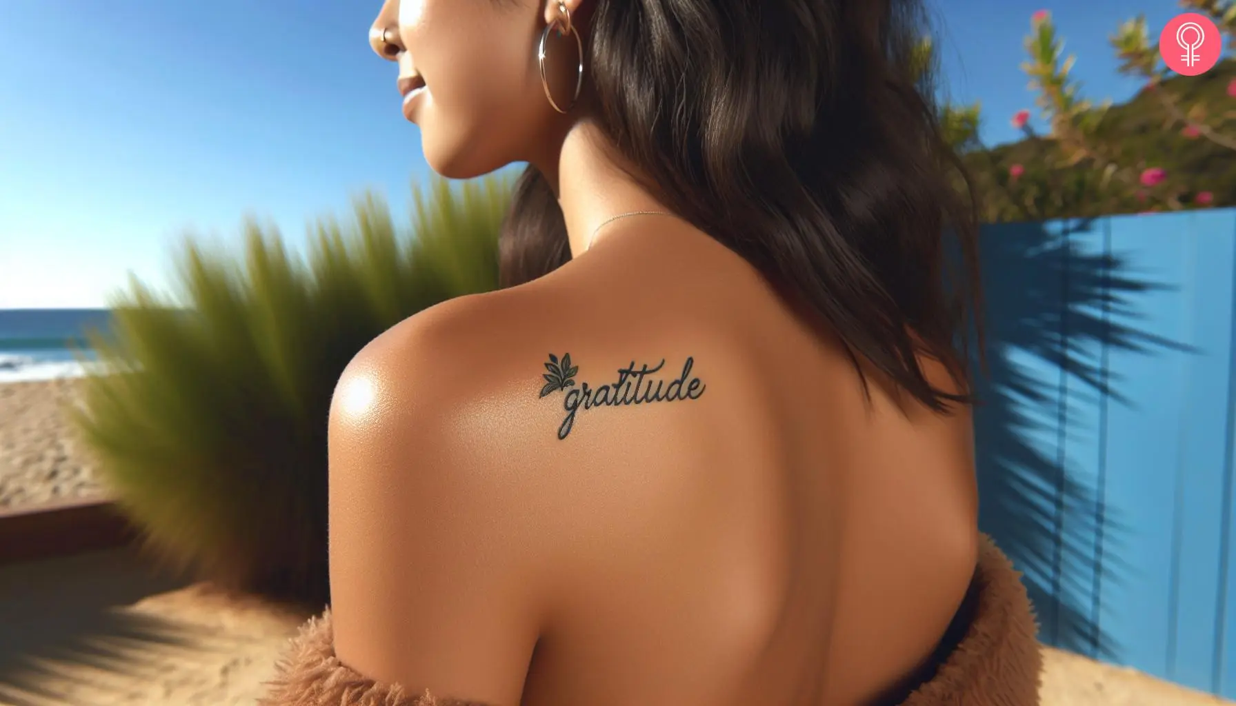 Small gratitude tattoo on the shoulder blade of a woman