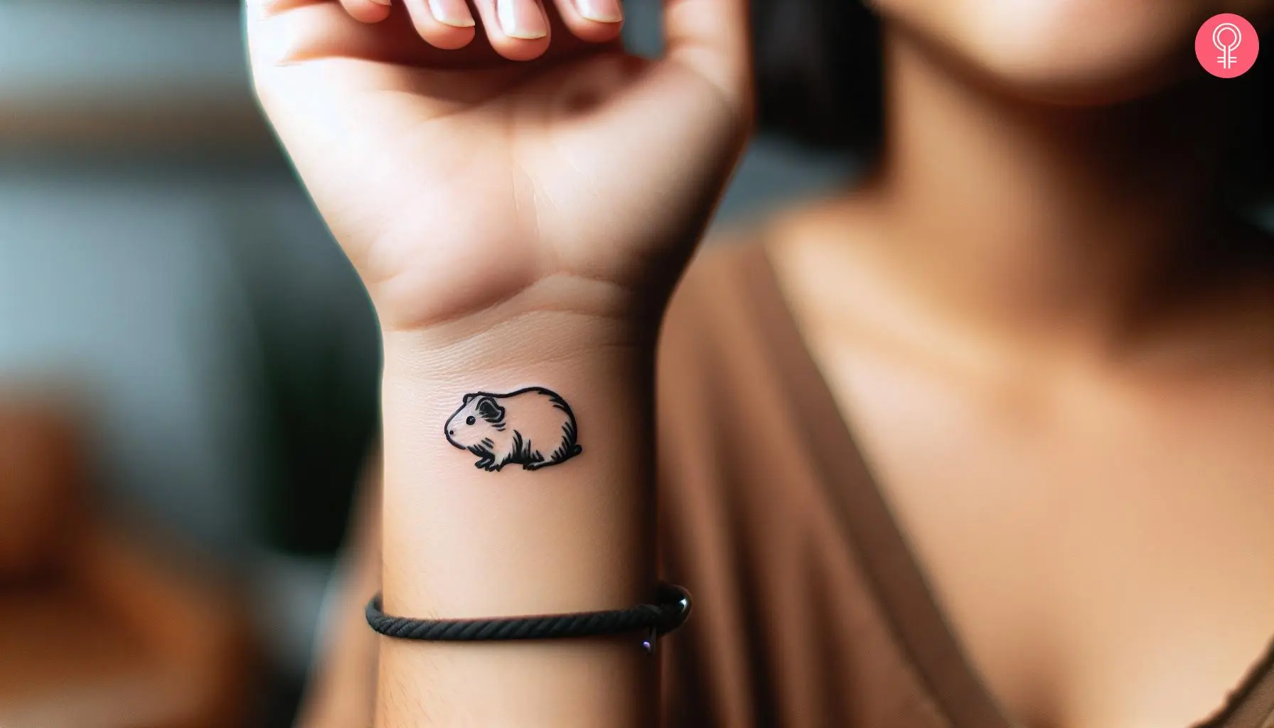 Small guinea pig tattoo on the wrist of a woman