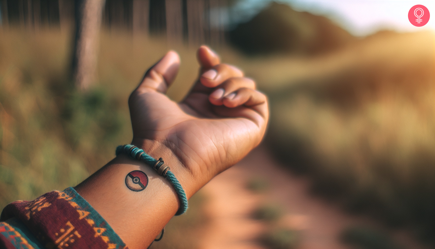 Small pokeball tattoo on a woman’s wrist