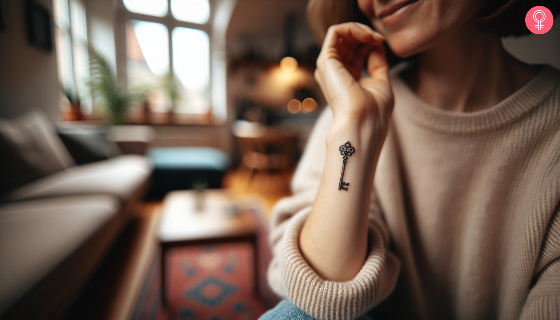 Small skeleton key tattoo on the wrist of a woman