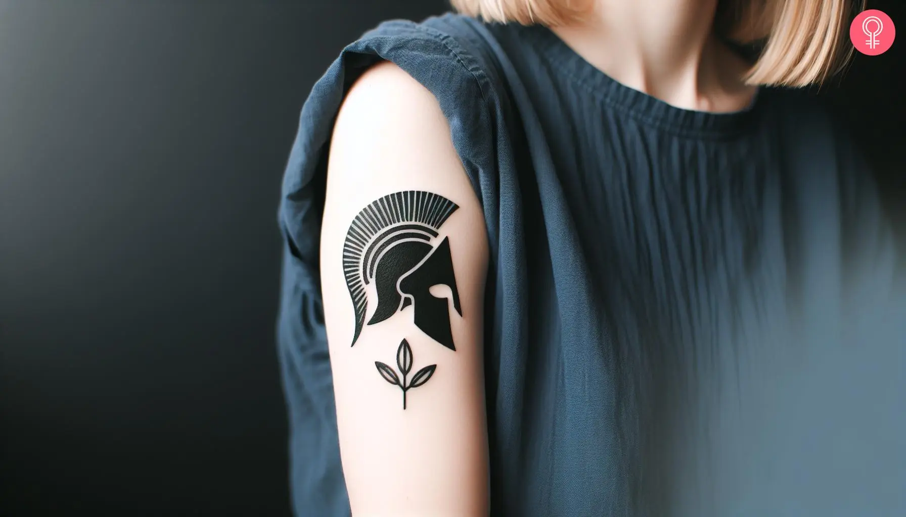 Small spartan helmet tattoo on a woman’s upper arm