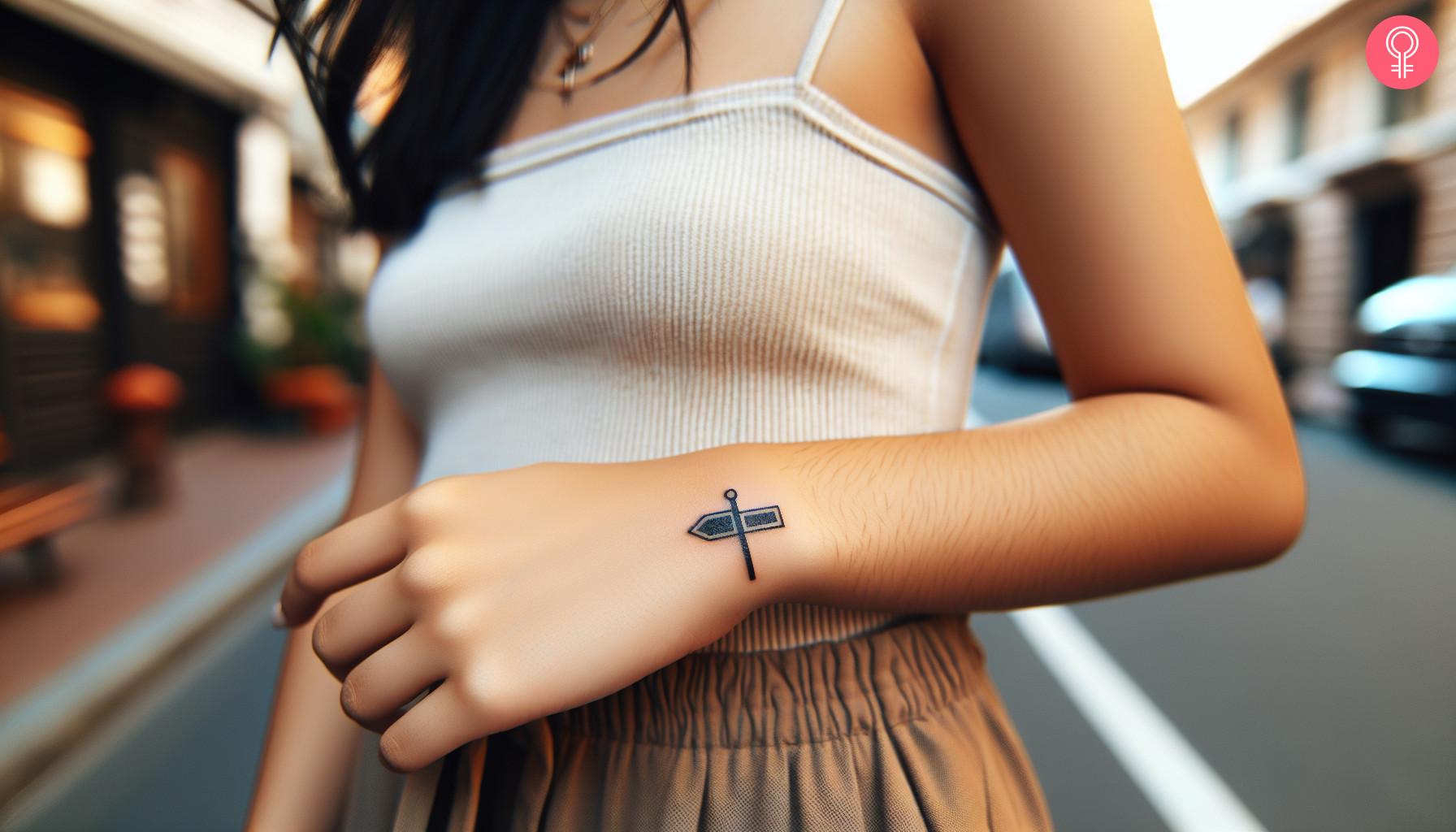 Small street sign tattoo on a woman's wrist