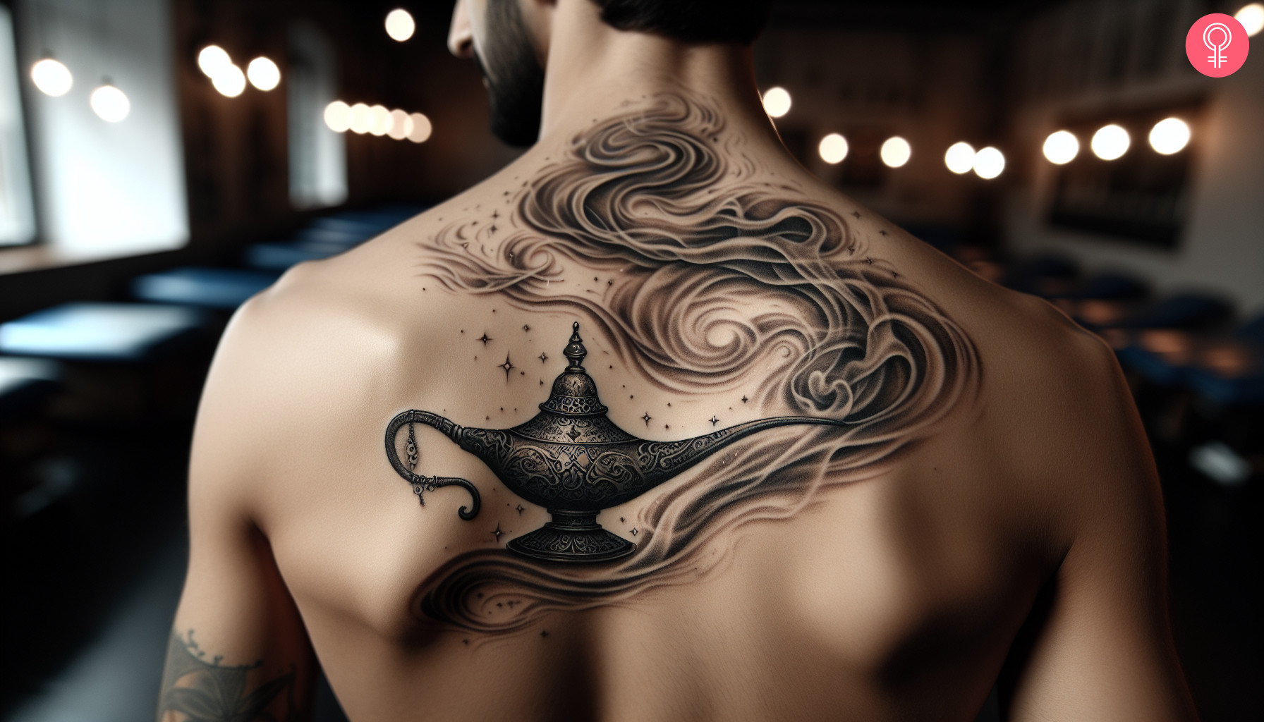 Smoke genie lamp tattoo on the back of a man