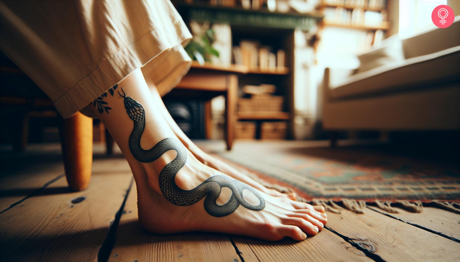 Snake tattoo that extends from the ankle to the foot