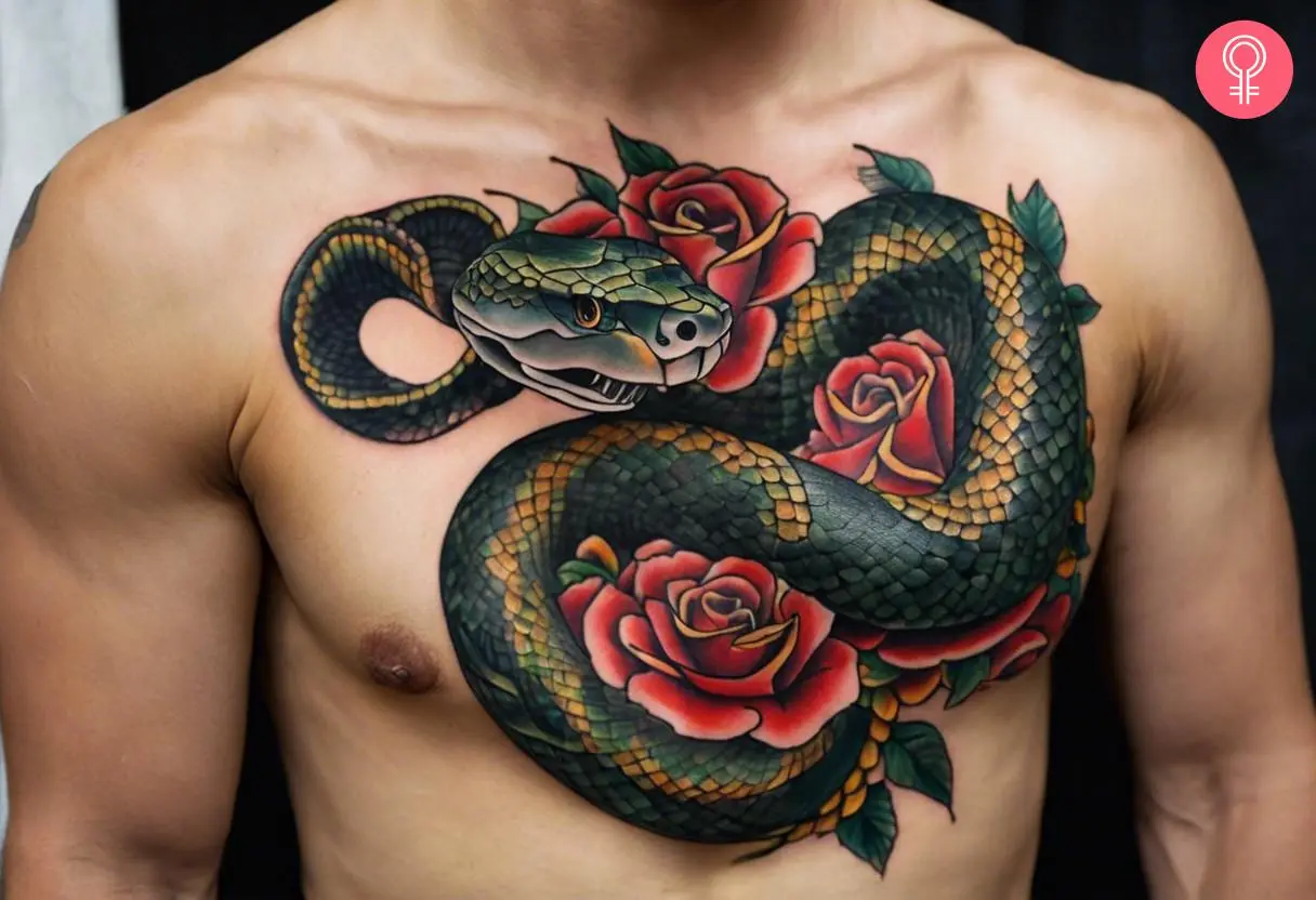 A man with snake tattoo and three red roses on the upper torso