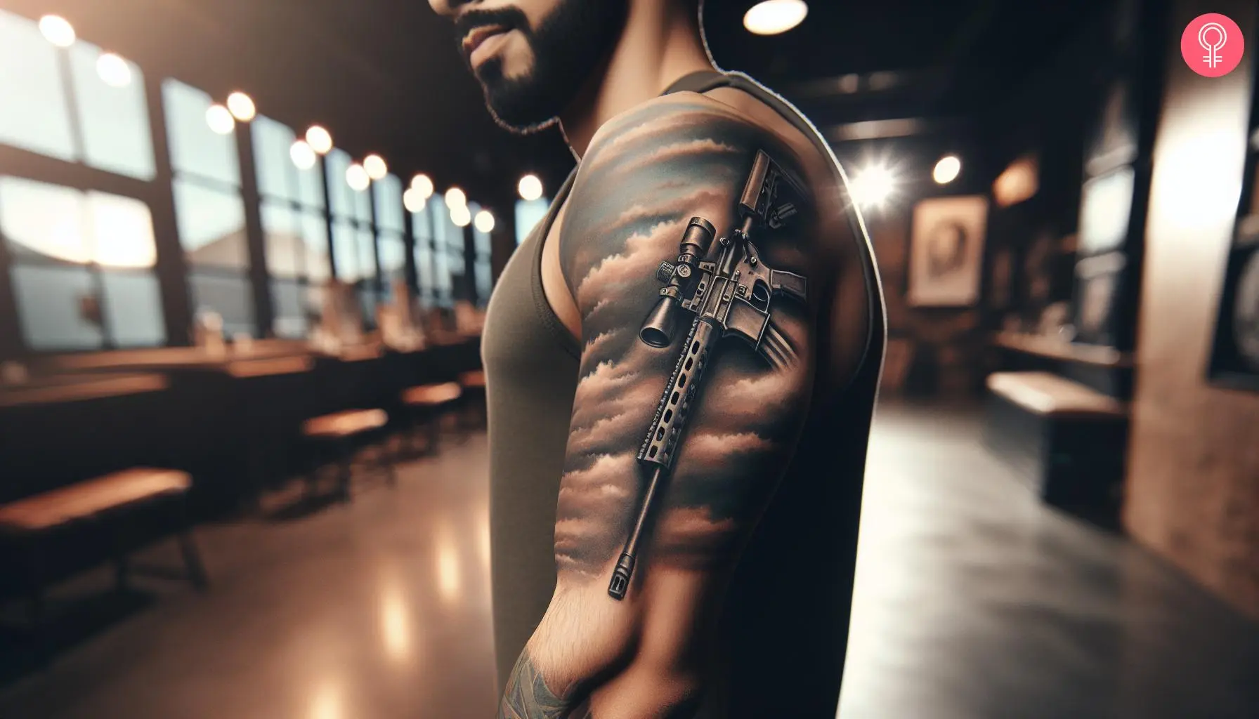 Sniper rifle tattoo on the arm of a man