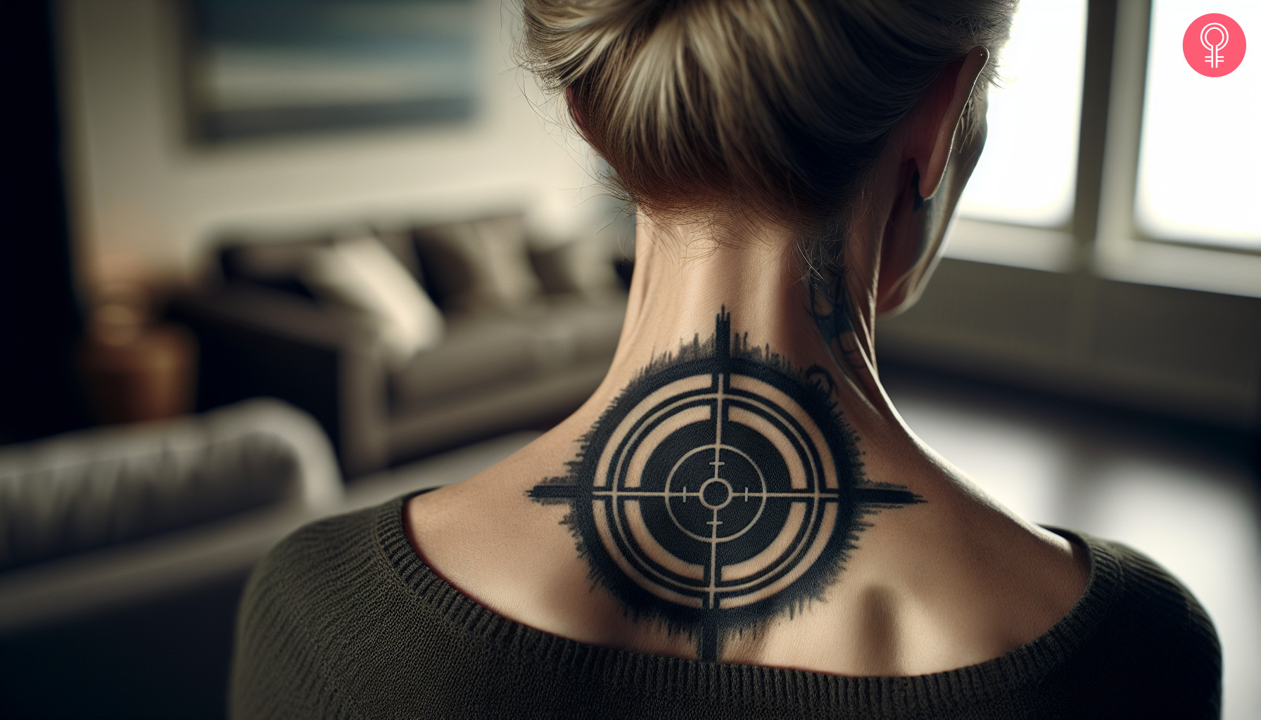 Sniper target tattoo on the neck of a woman