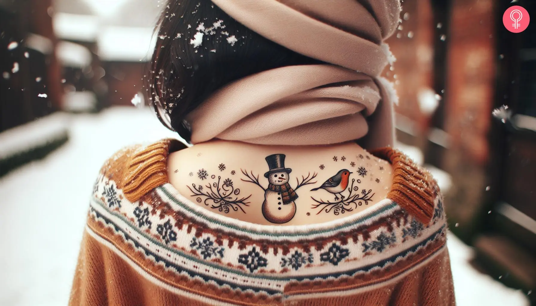 A woman with a snowman and robin tattoo on her back