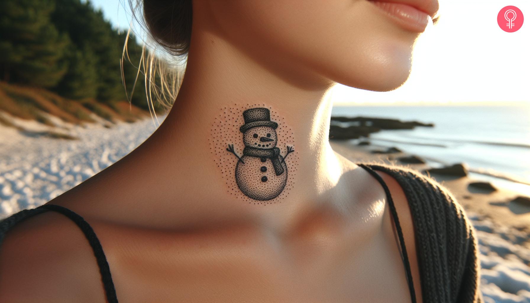 A woman with a snowman tattoo on her neck