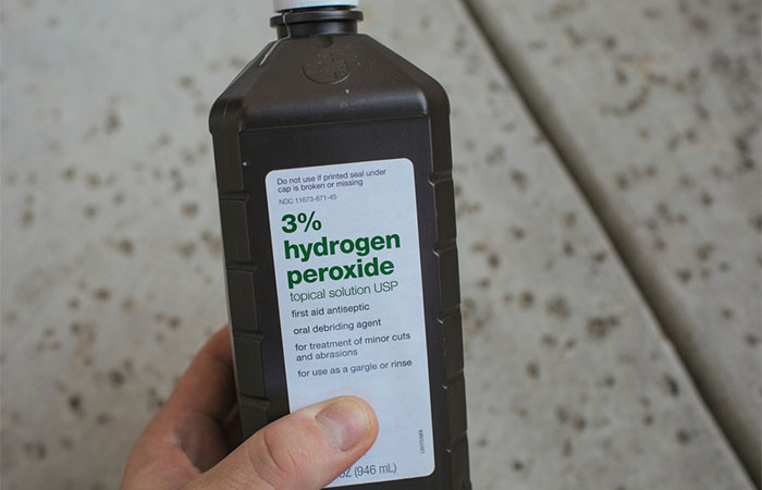 Close-up shot of a hydrogen peroxide bottle