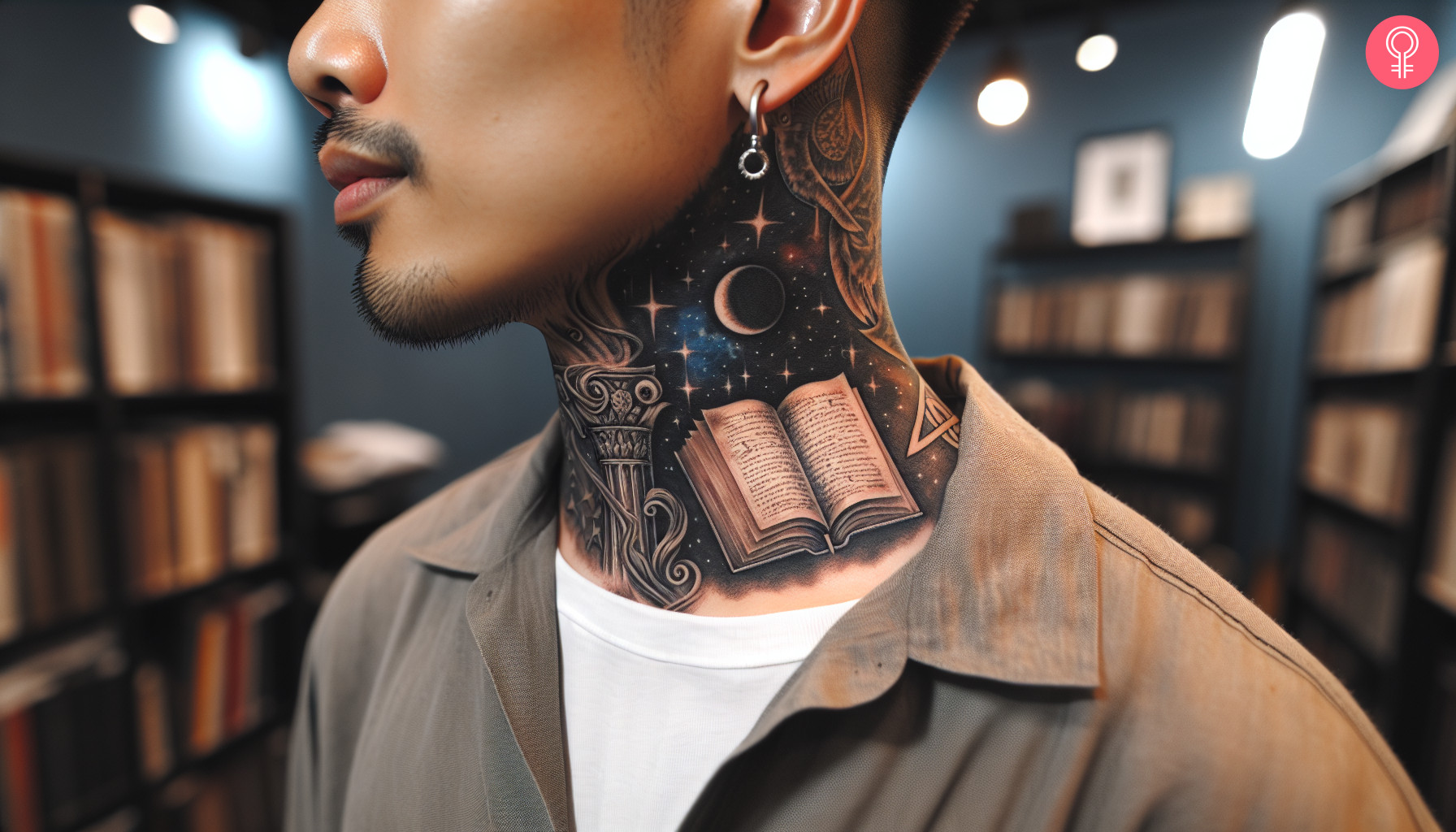 Space book philosophy tattoo on the neck of a man