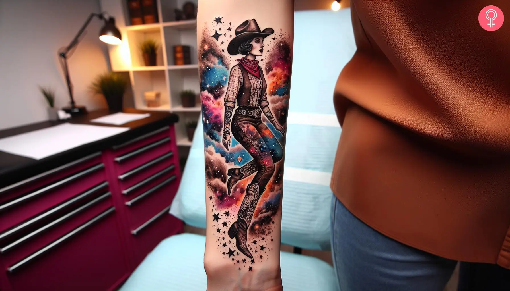 Space cowgirl tattoo on the forearm of a woman