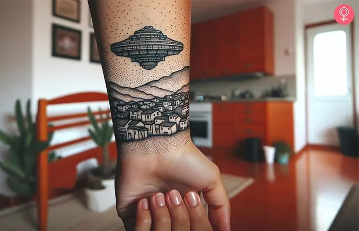 Spaceship dotwork tattoo on the forearm