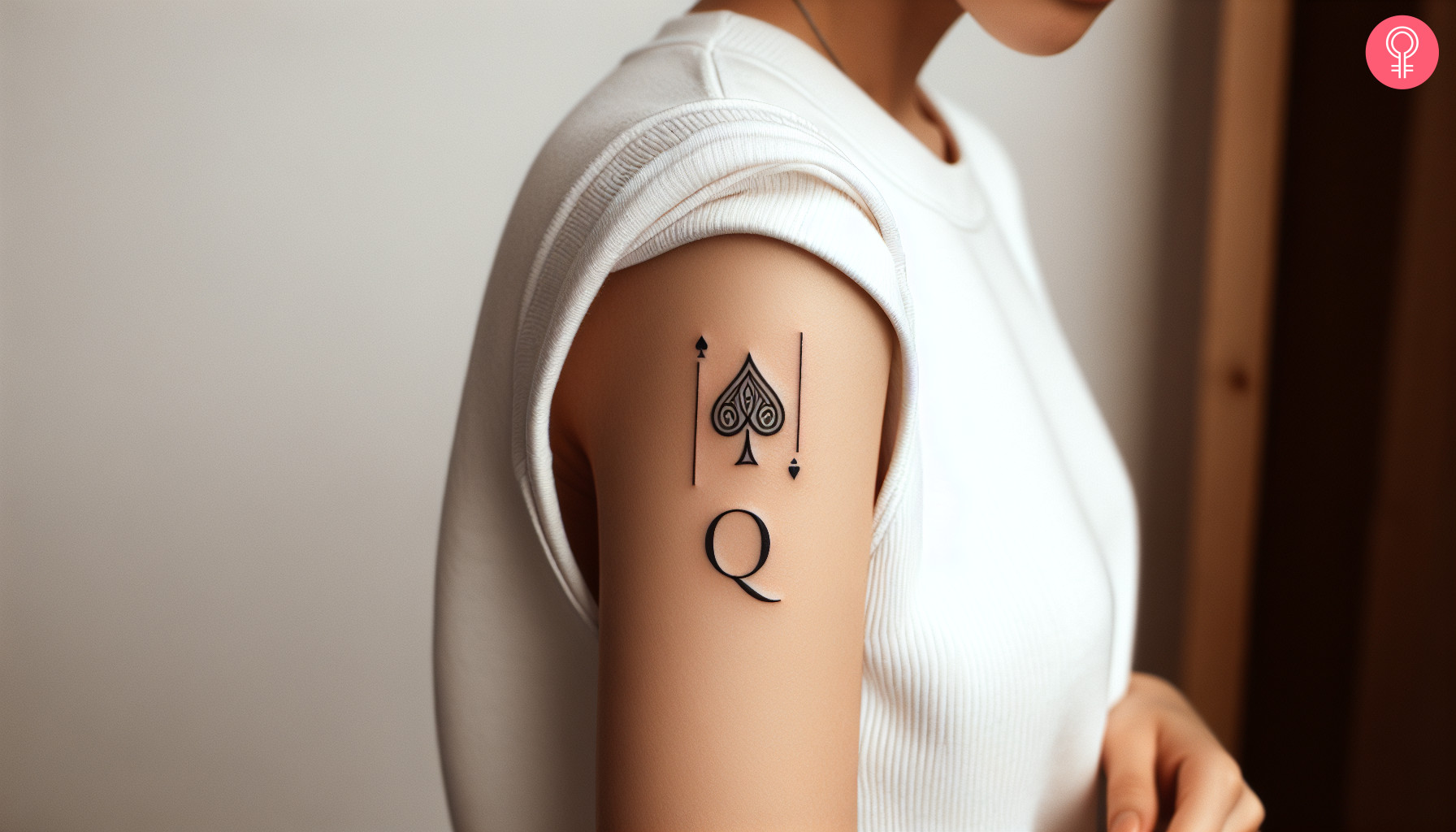 Woman with spade Q tattoo on her outer arm