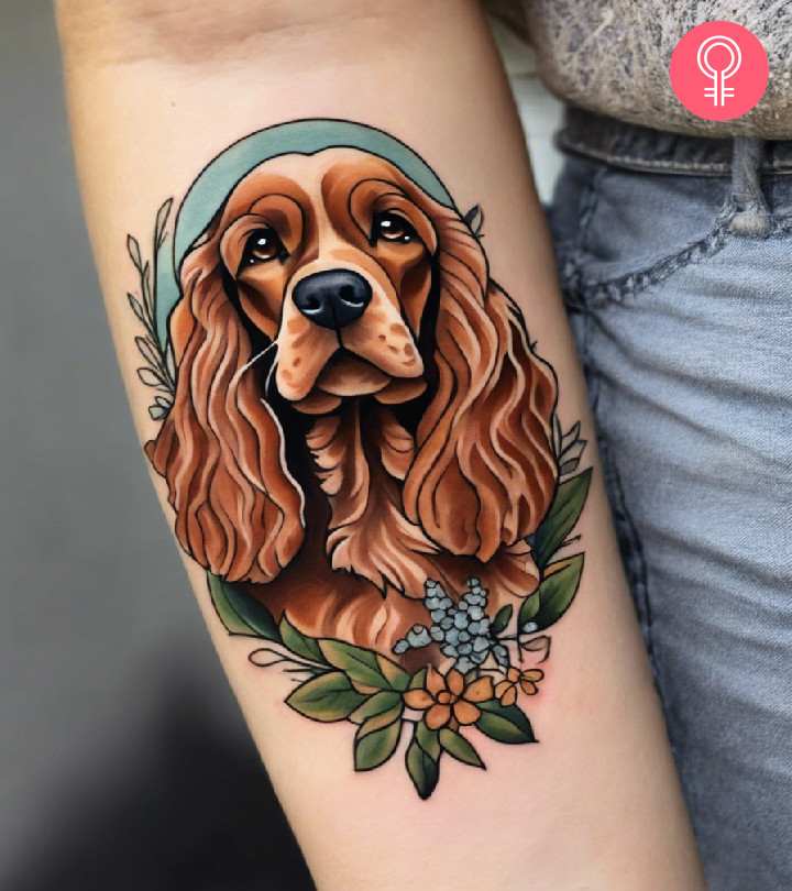 Spaniel tattoo on a woman’s arm