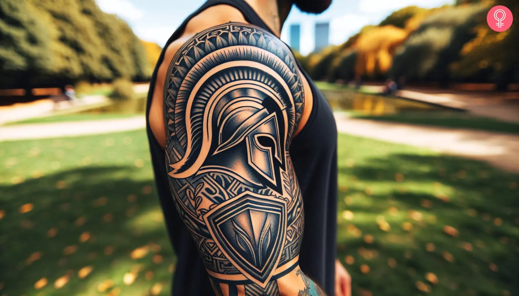 Spartan helmet and shield tattoo on a man’s upper arm