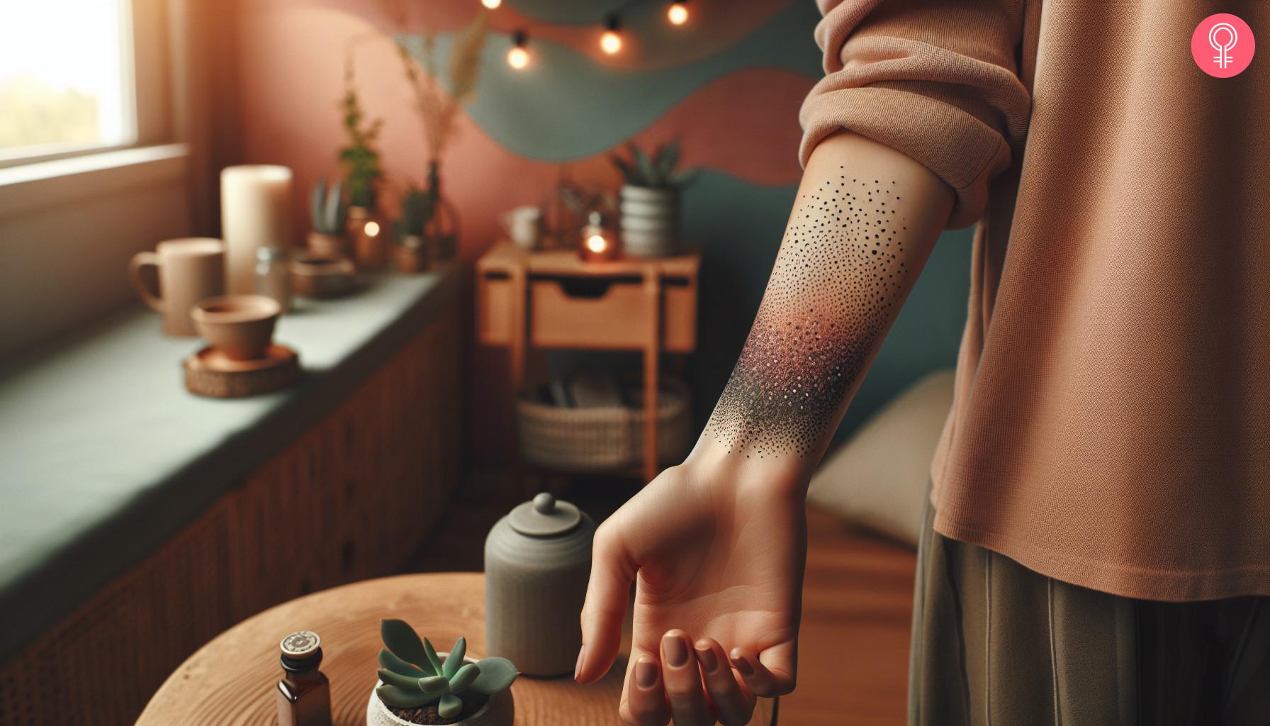 Speckled gradient tattoo on the forearm