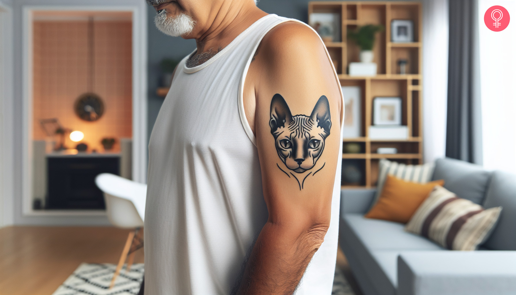 Sphynx cat head tattoo on the upper arm