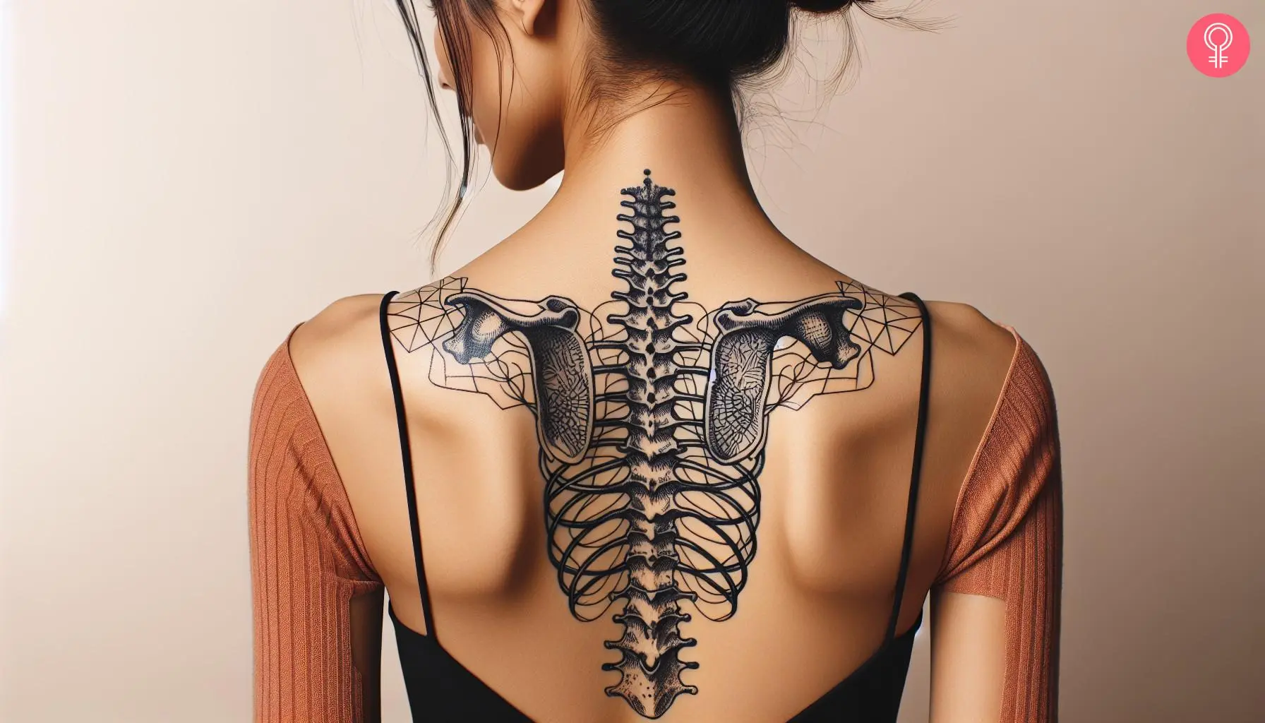 Woman with a spine bone tattoo at the center of her back