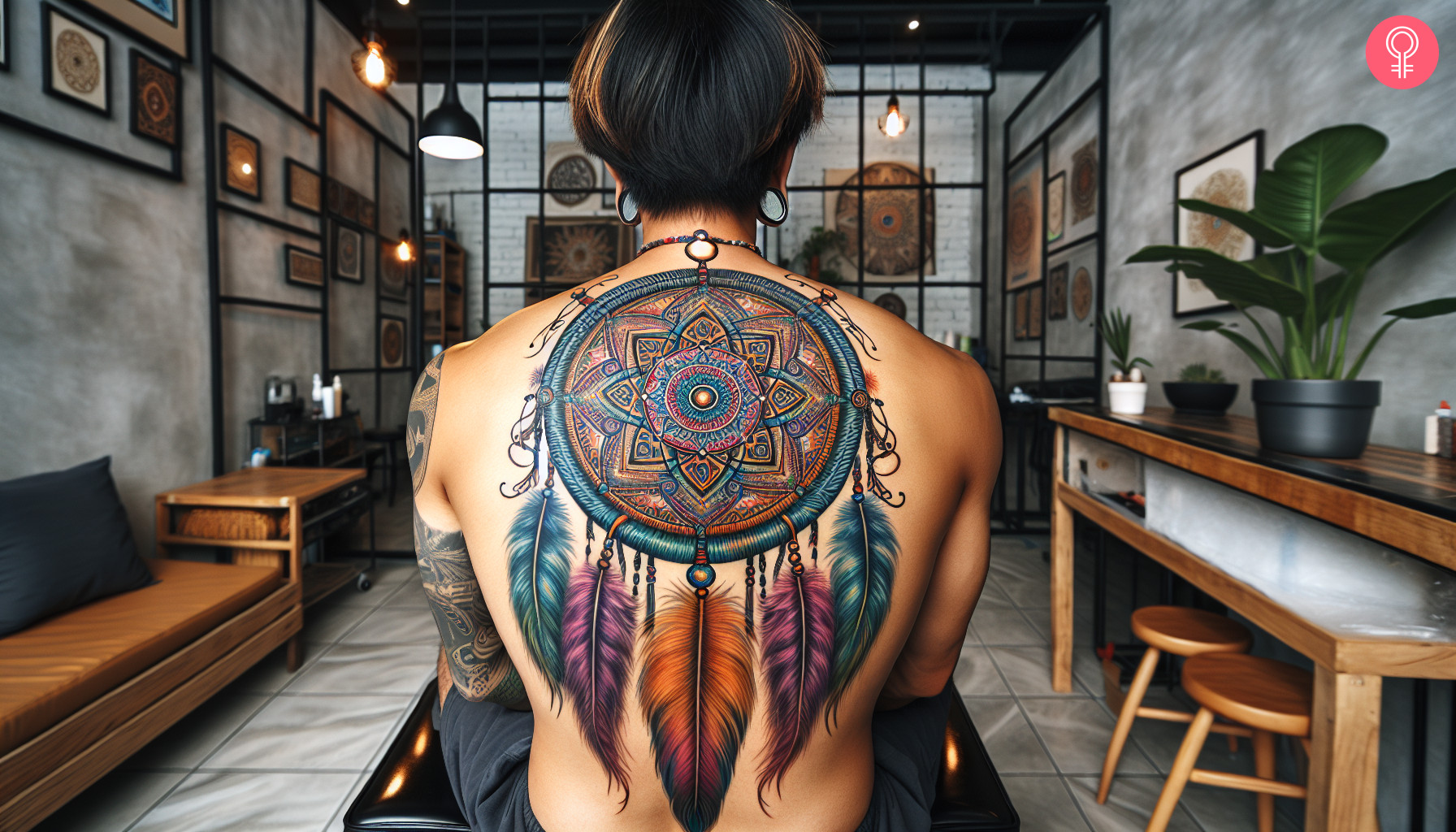 A spiritual hippie tattoo on the back of a man