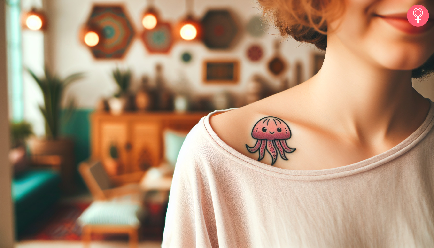 SpongeBob jellyfish tattoo near the collarbone