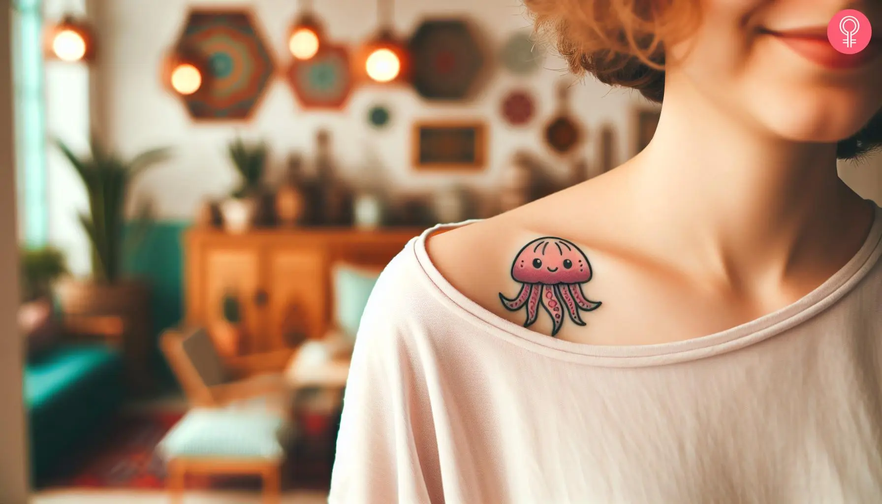 SpongeBob jellyfish tattoo near the collarbone