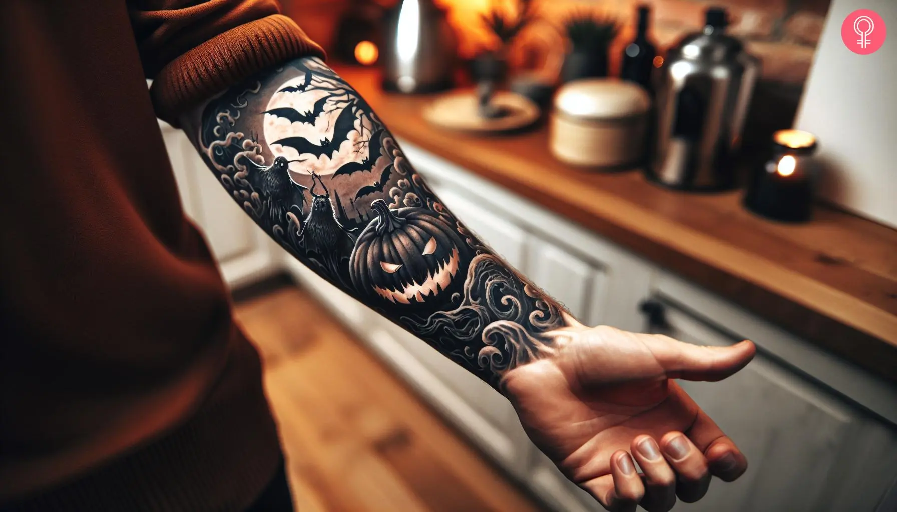 A spooky jack-o'-lantern tattoo on the forearm