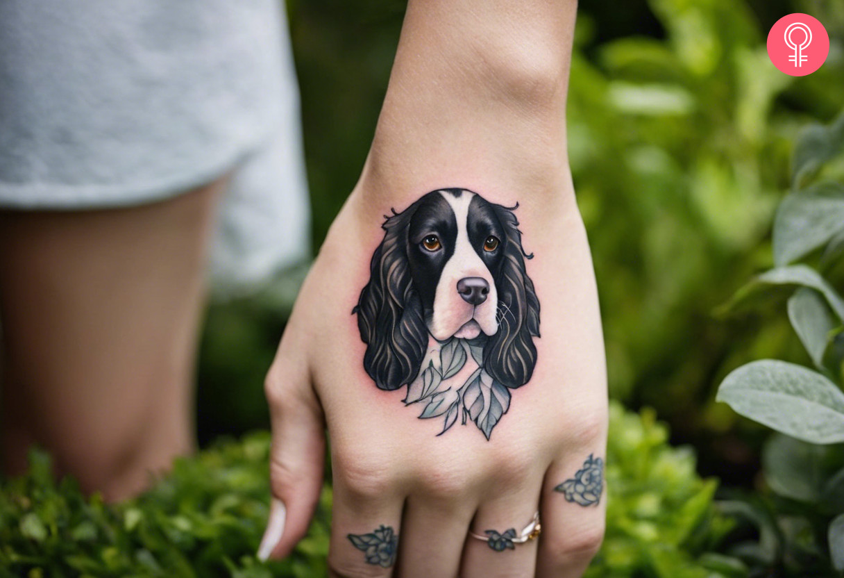 Springer spaniel tattoo on a woman’s hand