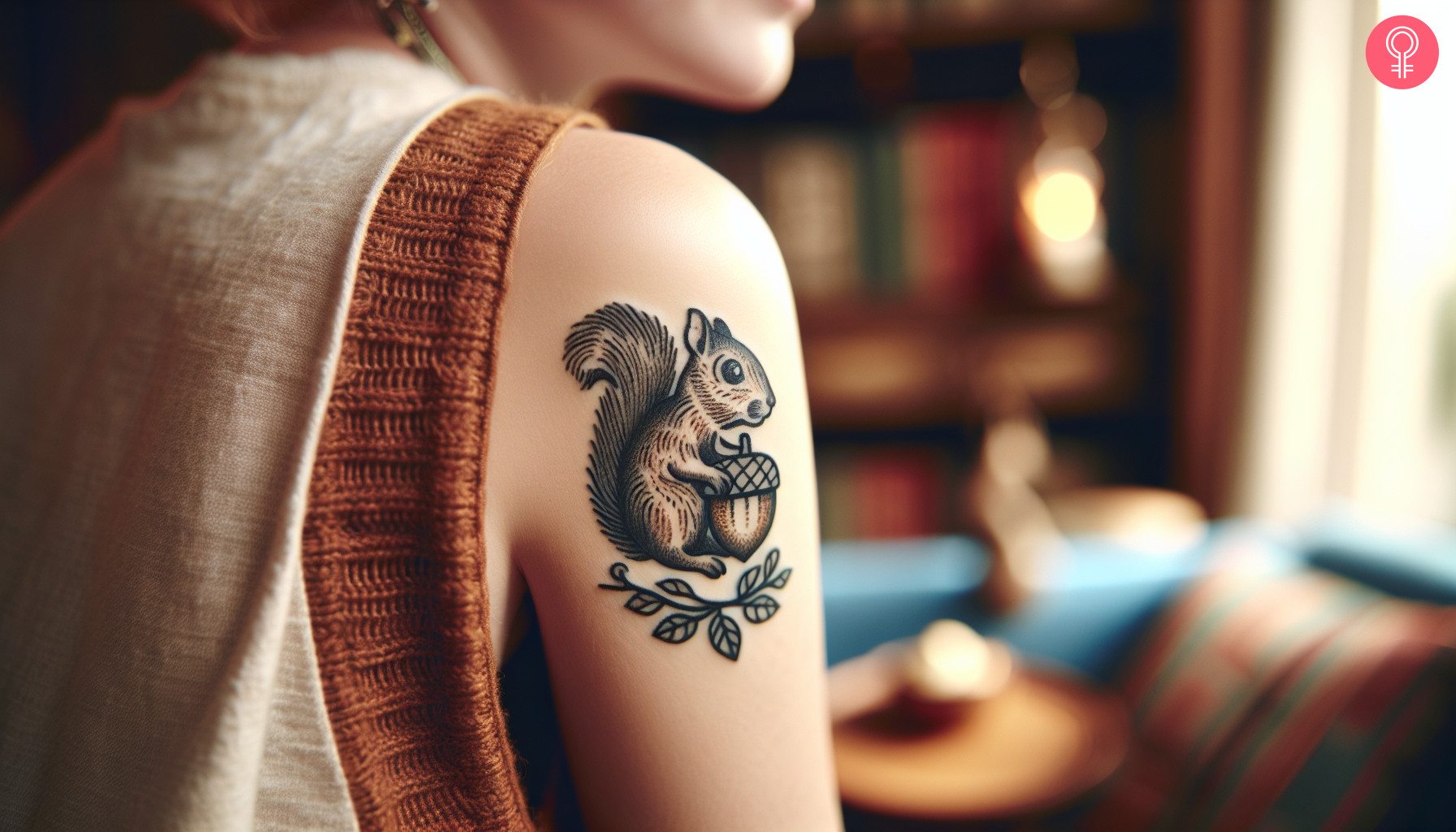 A squirrel with an acorn tattoo on a woman’s upper arm