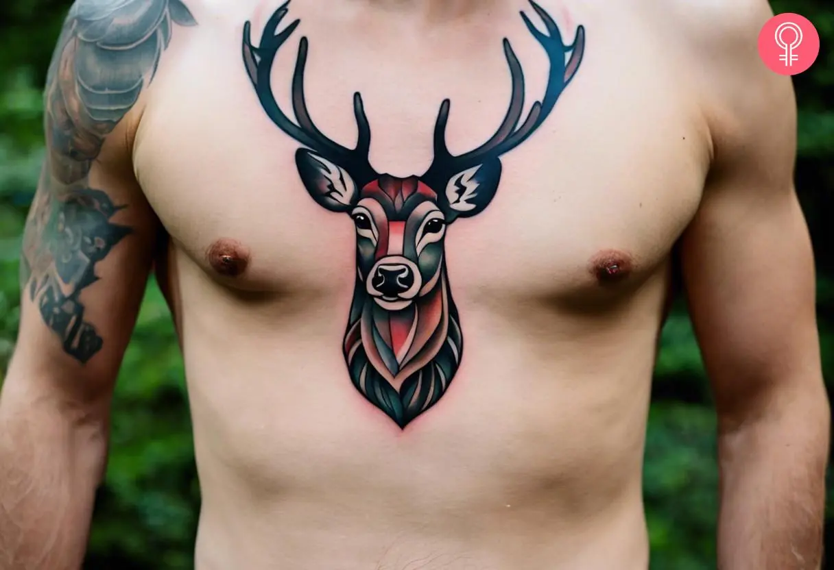 Man with a stag chest tattoo