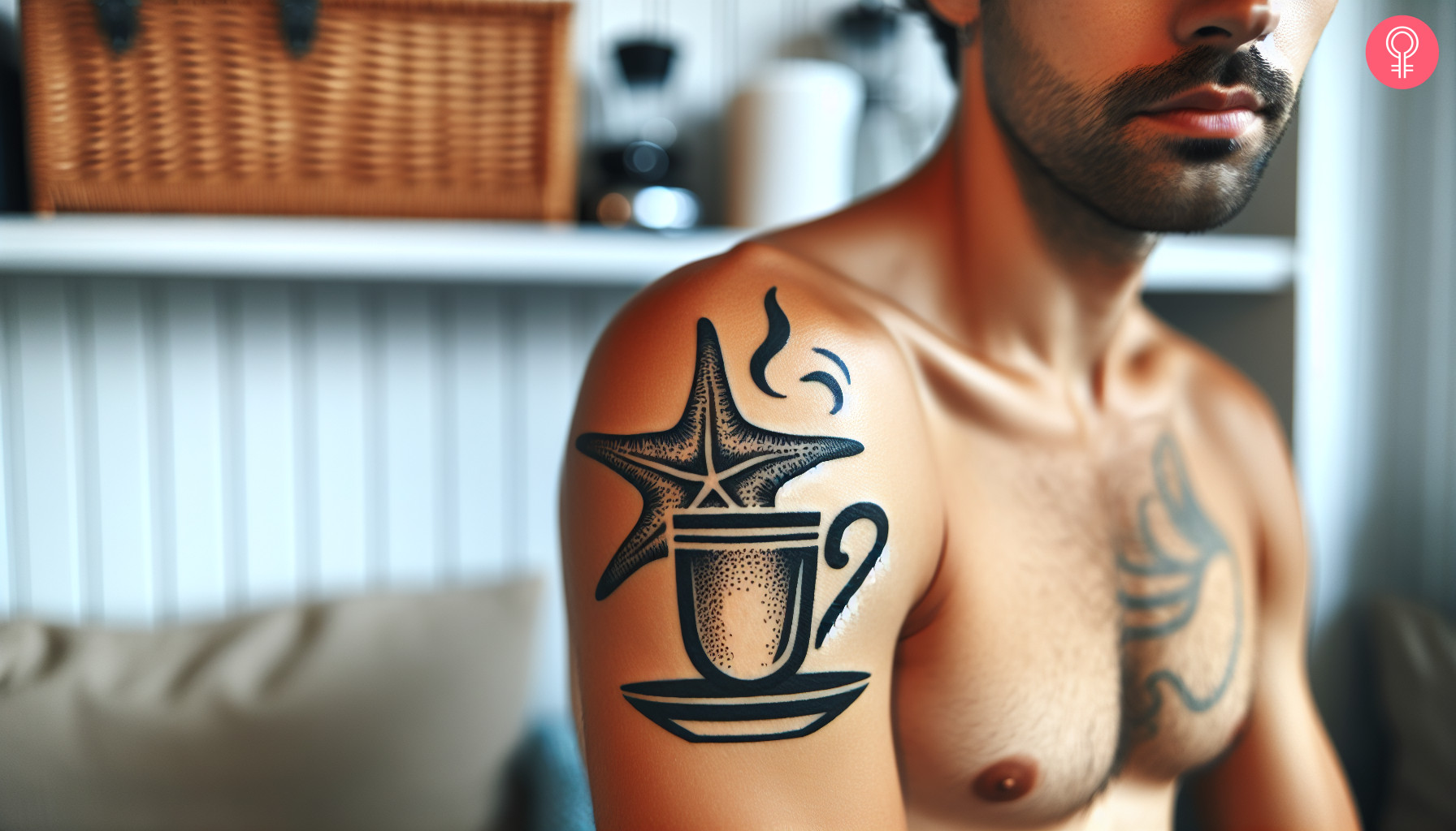 Starfish and coffee tattoo on the upper arm