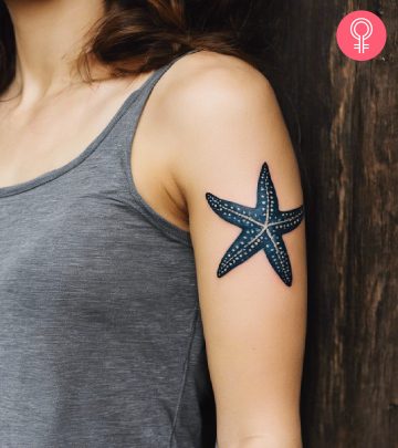 Woman with stick figure girl tattoo on her arm