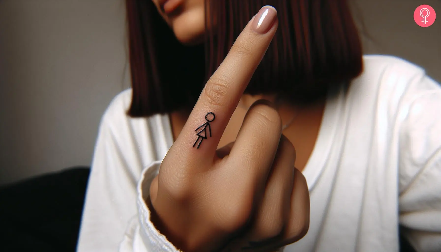 Woman with stick figure girl tattoo on her finger