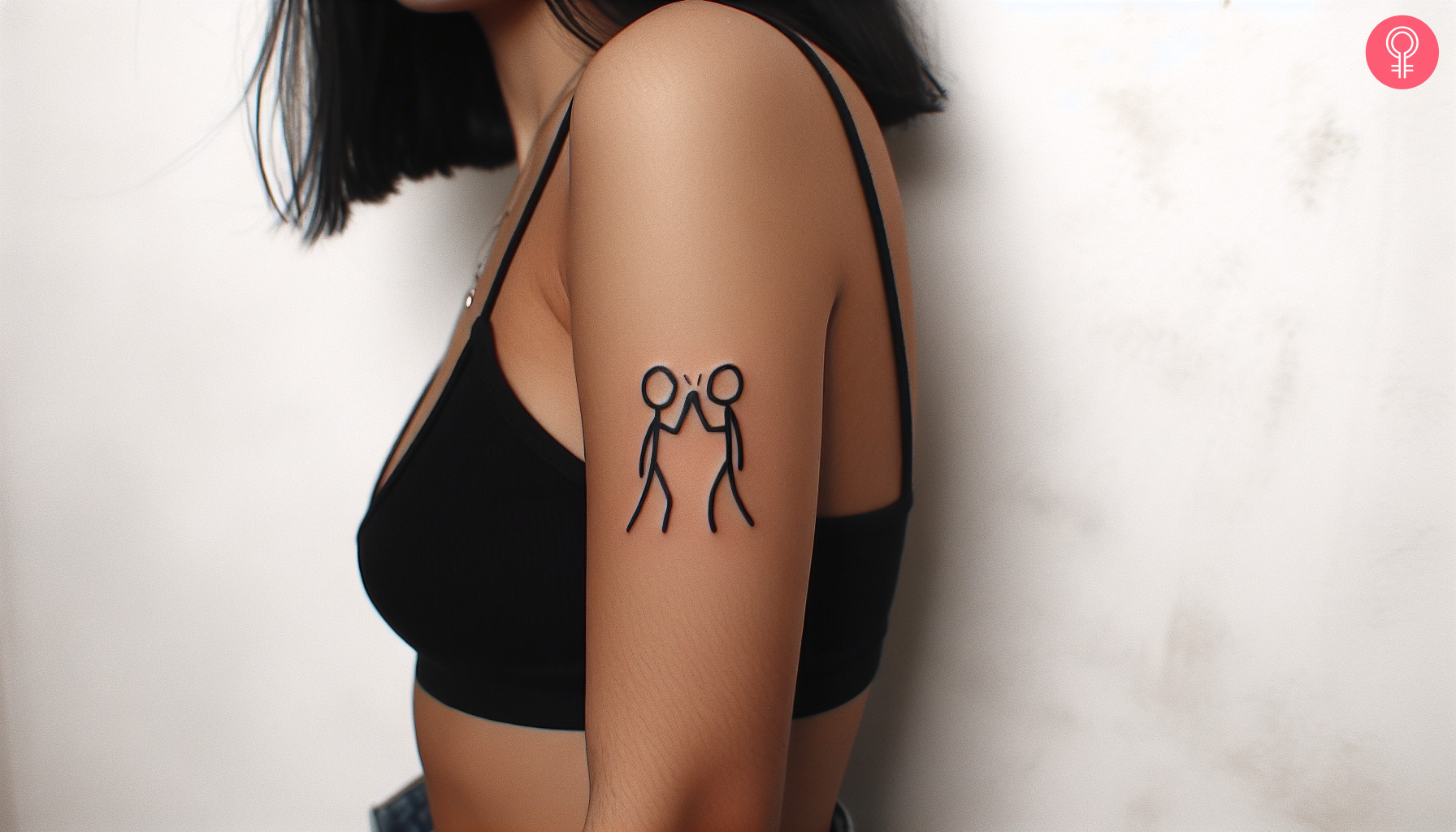 Woman with stick figure high five tattoo on her outer arm