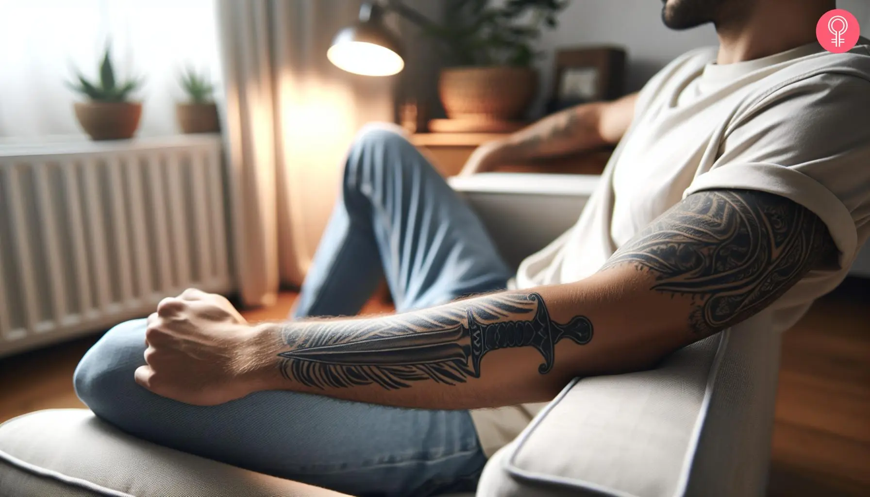 Straight blade tattoo on the lower arm of a man