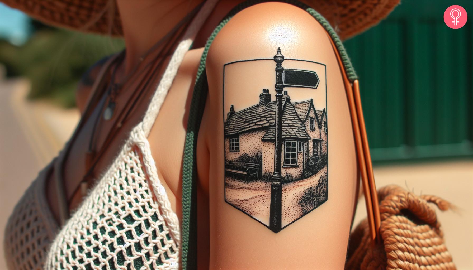 Street corner street sign tattoo on a woman's upper arm