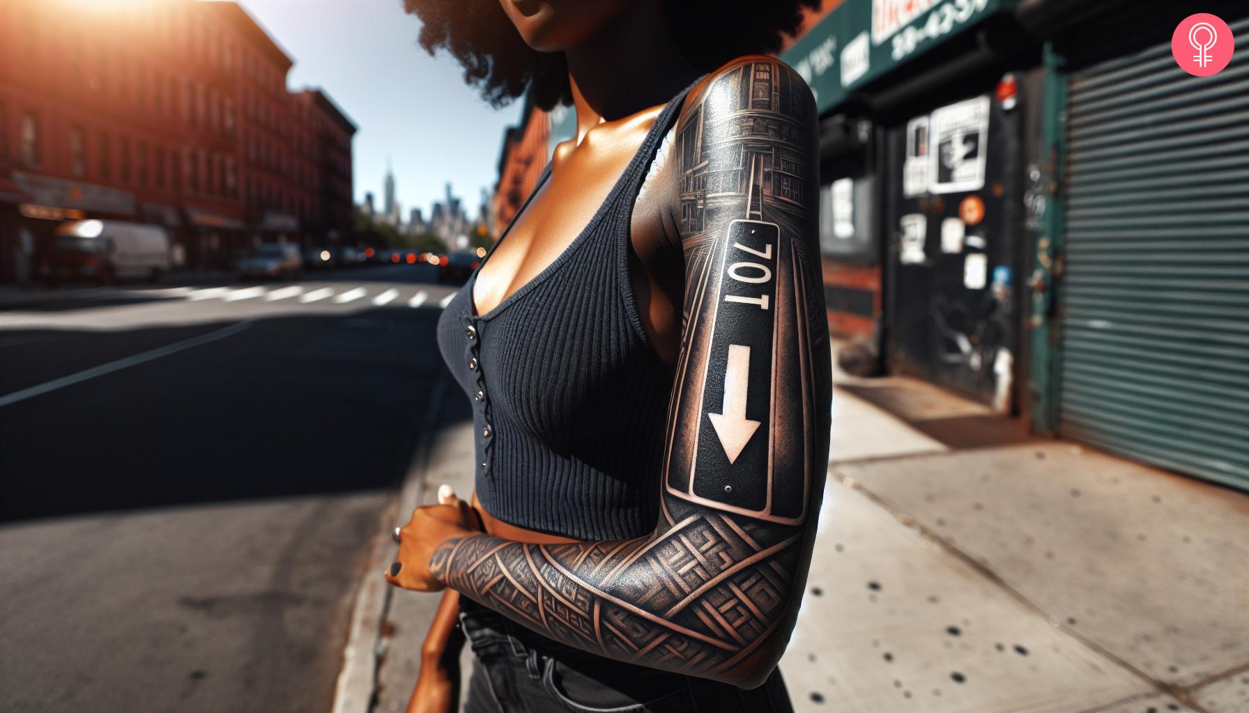 Street sign sleeve tattoo