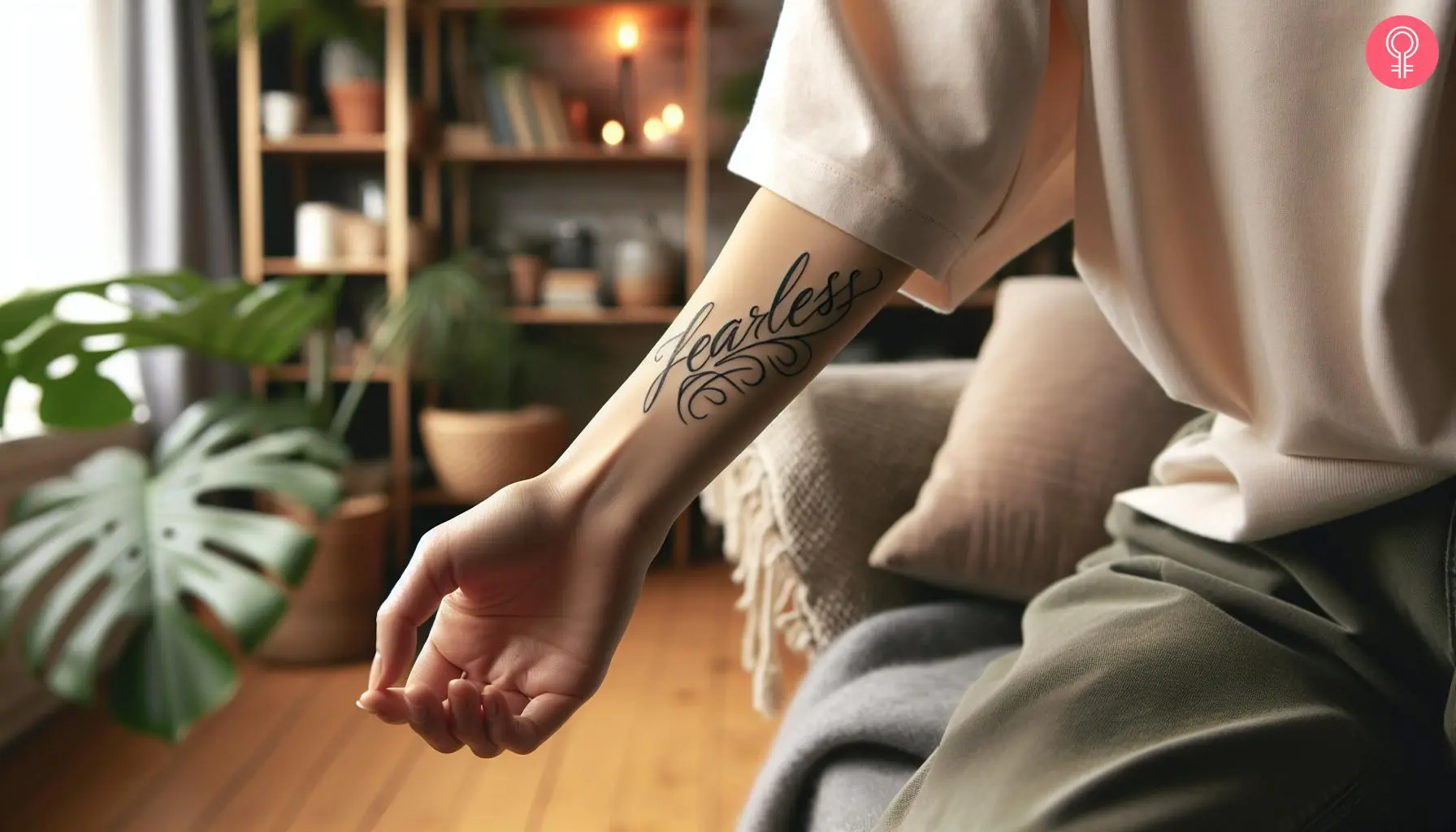 A stylized font fearless tattoo on a woman’s forearm