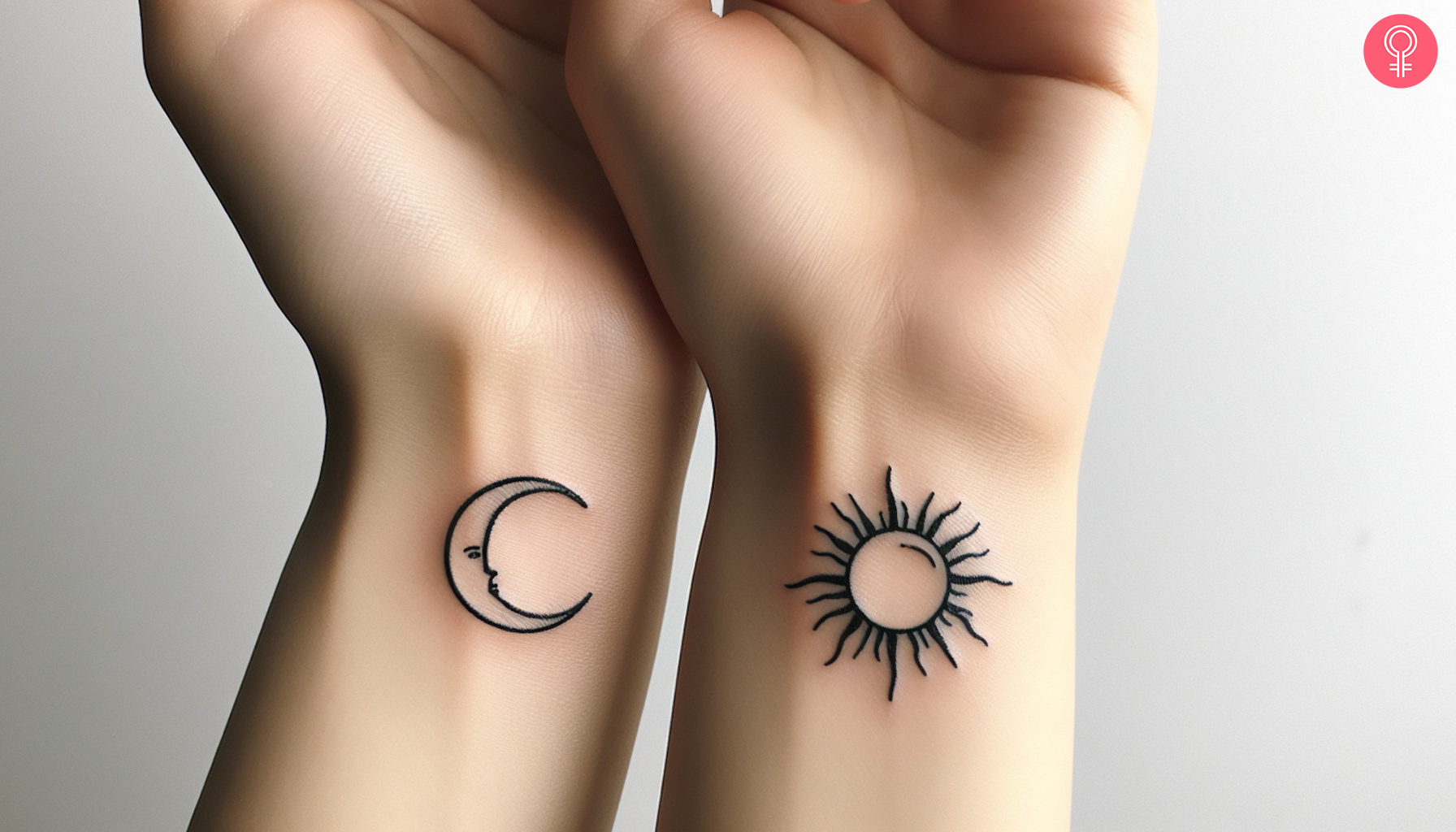 Wrist tattoos of the sun and moon inked in fine lines