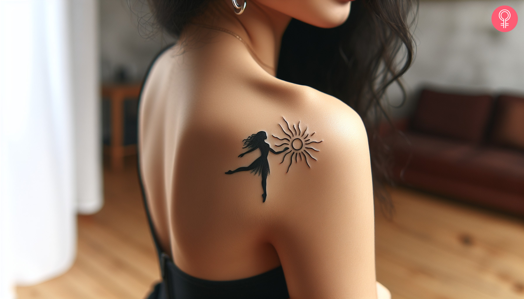 A woman wearing a ‘sun dance’ tattoo on the back shoulder