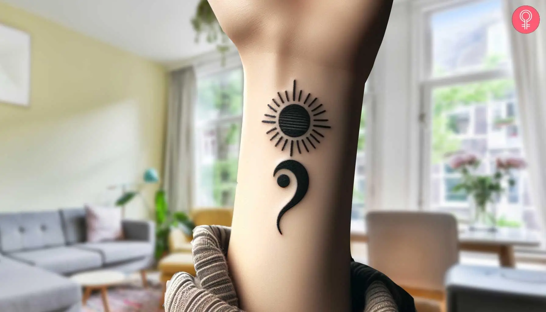 Sun and wave semicolon tattoo on the wrist of a woman