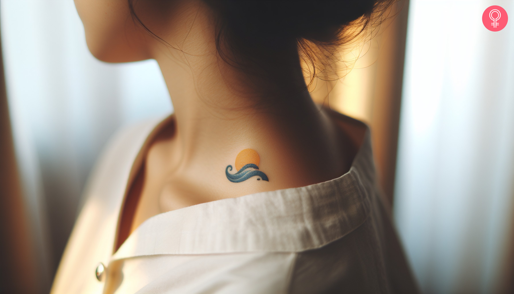 Sun and wave tattoo with color on the neck of a woman