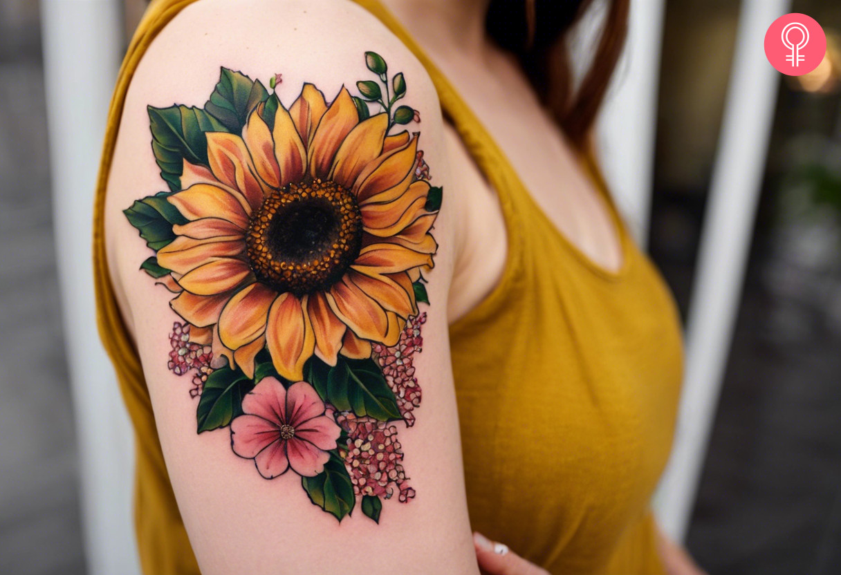 A tattoo featuring sunflower, anemone, and baby's breath
