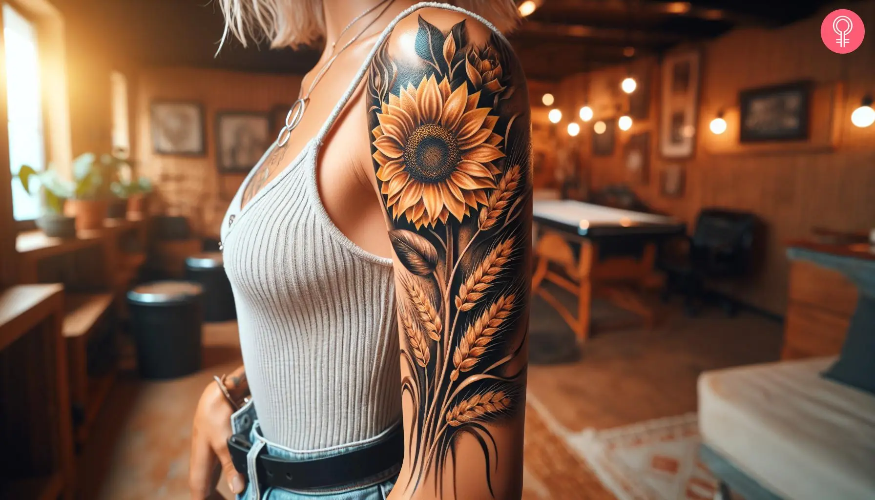 Sunflower and wheat tattoo on the arm of a woman