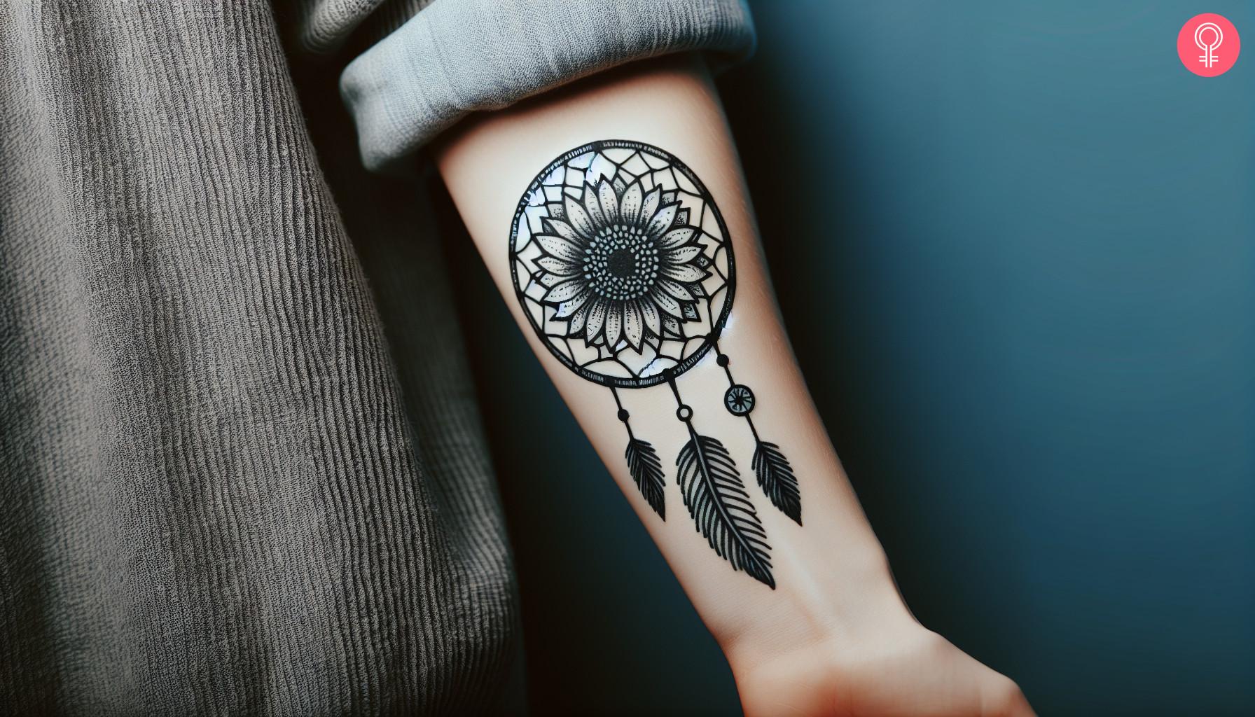 Sunflower dreamcatcher tattoo on forearm