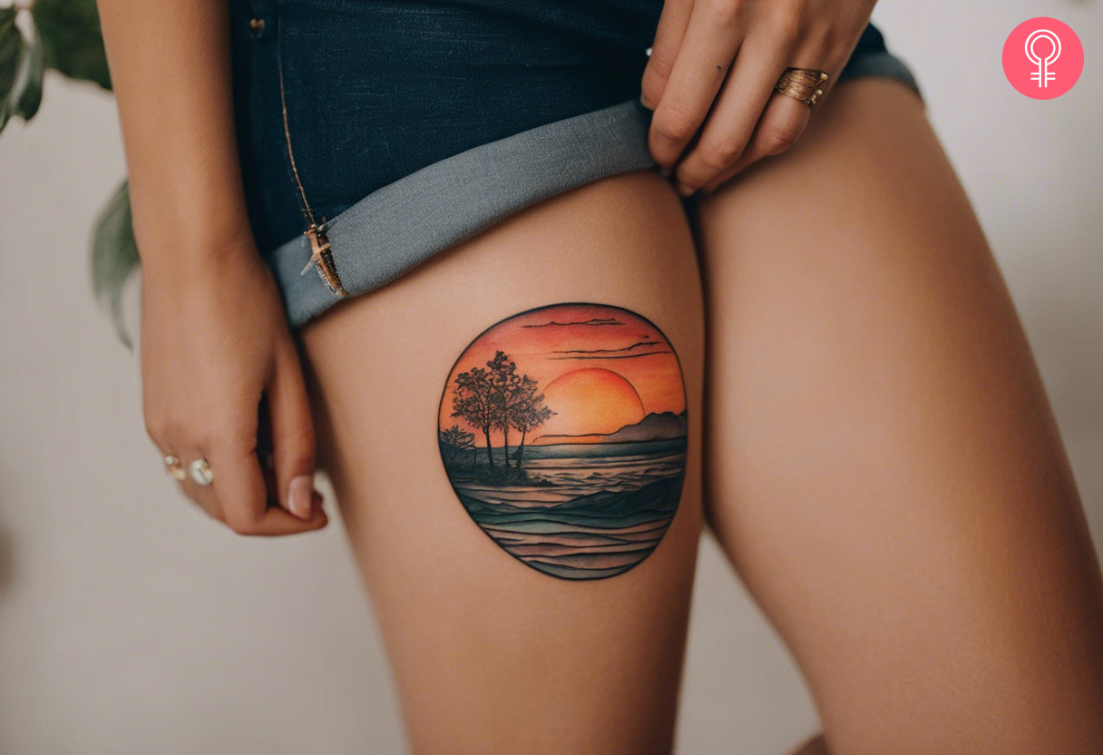 Sunset tattoo on a woman's thigh